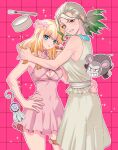  2girls bare_arms blonde_hair blue_eyes breasts cleavage cleavage_cutout clenched_teeth clothing_cutout cosmetics covered_navel cowboy_shot crossdressing dr._stone dress genderswap genderswap_(mtf) gradient_hair green_hair hand_on_another&#039;s_hip hand_on_own_hip holding holding_lipstick_tube ishigami_senkuu kohaku_(dr._stone) lipstick_tube long_hair looking_at_viewer medium_breasts multicolored_hair multiple_girls nail_polish ninomae_gin parted_lips pink_background pink_dress pink_nails ponytail red_eyes short_dress sleeveless sleeveless_dress standing sweatdrop teeth thigh_strap white_dress white_hair 