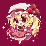  1girl :d belt belt_buckle blonde_hair bow bowtie buckle chibi clothes_lift commentary crystal_wings dress dress_lift fang flandre_scarlet food food_print frilled_dress frills fruit full_body gem hand_up hat hat_bow hat_ribbon highres holding holding_food holding_fruit layered_dress looking_at_viewer misosiru_0224 mob_cap open_mouth print_dress red_background red_belt red_bow red_bowtie red_dress red_eyes red_gemstone red_ribbon ribbon side_ponytail simple_background smile socks solo sparkle strawberry strawberry_print touhou white_headwear white_socks wings 