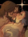  2boys asian bara beard beard_stubble blush brown_hair cassidy_(overwatch) chest_tattoo closed_eyes facial_hair from_side half-closed_eyes hanzo_(overwatch) highres interracial kauv_(k4uvpix) kiss large_pectorals long_sideburns male_focus mature_male multiple_boys muscular muscular_male mustache_stubble nipples nude overwatch overwatch_1 pectoral_docking pectoral_press pectorals short_hair sideburns starry_background tattoo thick_eyebrows yaoi 