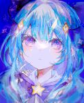  1girl blue_hair bow brooch copyright_request highres irodori_warabi jewelry long_hair parted_lips purple_bow purple_eyes solo star_brooch 