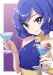  1girl aikatsu! aikatsu!_(series) blue_dress blue_eyes blue_hair bracelet breasts closed_mouth cup dress drinking_glass earrings heebee holding holding_cup jewelry kiriya_aoi looking_at_viewer short_hair small_breasts smile solo 
