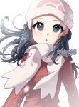  1girl beanie black_hair coat commentary dawn_(pokemon) eyelashes floating_hair grey_eyes hair_ornament hairclip hat highres long_hair looking_up open_mouth pokemon pokemon_(game) pokemon_dppt pokemon_platinum red_coat scarf shi_mohaji snow snowflakes solo symbol-only_commentary upper_body watermark white_background white_headwear white_scarf winter_clothes 