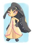  1girl babydoll bare_shoulders black_hair black_skin blue_background blush border closed_mouth clothed_pokemon colored_skin commentary english_commentary extra_mouth flat_chest full_body groin hand_on_own_hip lingerie long_hair looking_at_viewer mawile multicolored_skin outside_border pink_trim pokemon pokemon_(creature) red_eyes see-through sharp_teeth simple_background sketch solo standing teeth two-tone_skin underwear uno_usaya very_long_hair white_border yellow_skin 