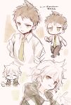  2boys ahoge brown_hair chibi collared_shirt danganronpa_(series) danganronpa_2:_goodbye_despair green_necktie grey_hair grin highres hinata_hajime komaeda_nagito messy_hair multiple_boys multiple_views necktie pants sat00e serious shirt short_hair short_sleeves smile teeth translation_request white_shirt 