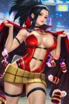  1girl black_choker black_hair blurry blurry_background boku_no_hero_academia breasts brown_eyes cape center_opening chest_strap choker earrings hair_pulled_back highres jewelry large_breasts leotard long_hair looking_at_viewer navel neoartcore parted_lips ponytail red_cape red_leotard solo thigh_strap yaoyorozu_momo 