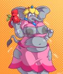  2023 absurd_res after_transformation anthro apple areola belly belly_expansion big_areola big_belly big_breasts big_nipples blonde_hair blue_eyes blush breast_expansion breasts butt butt_expansion clothing crown digital_drawing_(artwork) digital_media_(artwork) elephant elephant_peach elephantid english_text expansion female food fruit grey_body growth hair headgear hi_res huge_belly huge_breasts jusaguy mammal mario_bros nintendo nipples overweight overweight_female plant princess_peach proboscidean shaded signature simple_background slightly_chubby solo super_mario_bros_wonder text thick_thighs torn_clothing transformation trunk wide_hips 
