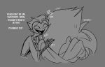  anthro avian bird clothing comfort dialogue grey_background hair helluva_boss hi_res male owl owl_demon plant reassuring robe sad short_hair simple_background smile solo stolas_(helluva_boss) teathekook text white_text wounded 