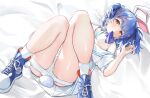  1girl \m/ absurdres animal_ears arm_up bed_sheet blue_footwear blue_hair blue_ribbon blush breasts carrot_hair_ornament choker earrings food-themed_hair_ornament frown hair_ornament hazuki_yuzuru highres hololive jewelry knees_together_feet_apart legs legs_up looking_at_viewer lying miniskirt neckerchief neckerchief_in_mouth on_back panties rabbit-shaped_pupils rabbit_earrings rabbit_ears rabbit_girl rabbit_tail red_eyes ribbon sailor_collar school_uniform serafuku shoes short_twintails skirt small_breasts socks solo symbol-shaped_pupils tail tearing_up tears thick_eyebrows thighs tied_ears twintails underwear usada_pekora usada_pekora_(4th_costume) virtual_youtuber white_choker white_panties white_sailor_collar 
