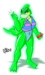  abs absurd_res anthro apple beckoning breasts cleavage clothed clothing fan_character female food fruit gesture glowing glowing_body green_body hi_res holding_object jetsam_(neopets) jumpstart_games lendri_mujina life_jacket membrane_(anatomy) muscular muscular_female neopet_(species) neopets one-piece_swimsuit plant ranbina_luz scar solo standing swimwear tight_swimsuit webbed_feet whistle_(object) 