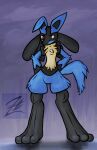  3_toes blue_body blue_fur brown_eyes brown_nose chest_spike digital_drawing_(artwork) digital_media_(artwork) digitigrade ears_down feet fluffy fluffy_chest fluffy_tail fur generation_4_pokemon grey_body hands_behind hi_res lucario nintendo pivoted_ears pokemon pokemon_(species) simple_background spikes spikes_(anatomy) standing tail tan_body tan_fur toes watermark zenodos_(artist) 