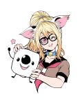  1girl 1other animal_ear_headwear animal_ears bell black-framed_eyewear black_outline black_sailor_collar blonde_hair blue_choker brown_serafuku cat_ears choker collarbone commentary_request fake_animal_ears glasses headband highres indie_virtual_youtuber lifting_person marshmallow_(site) medium_hair neck_bell neckerchief nekomata_otako one_eye_closed open_mouth outline pink_eyes ponytail sailor_collar school_uniform serafuku sidelocks simple_background smile star_(symbol) upper_body virtual_youtuber white_background youngjijii 