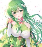  1girl adjusting_hair awayuki_ramika bodystocking breasts cape choker covered_navel detached_sleeves falling_petals fire_emblem fire_emblem:_mystery_of_the_emblem fire_emblem_heroes flower flower_bracelet flower_choker green_cape green_eyes green_hair hair_flower hair_ornament highres large_breasts light_blush long_hair looking_at_viewer official_alternate_costume open_mouth palla_(fire_emblem) petals smile solo white_background 