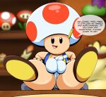  absurd_res balls bulge butt clerk clothing detailed_bulge dialogue genitals hi_res looking_at_viewer male mario_bros nintendo pencil_(object) solo spread_legs spreading store tepigfan101 thong toad_(mario) underwear 