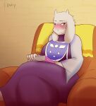  2021 absurd_res anthro armchair blush book boss_monster bovid caprine chair chairiel clothed clothing digital_media_(artwork) female fur furniture goat hi_res horn mammal mature_female purple_clothing purple_robe robe sitting solo souley69 toriel undertale undertale_(series) white_body white_fur 