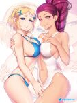  2girls bikini blonde_hair blue_bikini blue_eyes braid breast_press commentary cowboy_shot crown_braid etchimune eyeshadow fire_emblem fire_emblem:_three_houses grin looking_at_viewer makeup multiple_girls navel one-piece_swimsuit petra_macneary pink_lips pointy_ears ponytail princess_zelda purple_eyes purple_hair short_hair sidelocks smile stomach swimsuit symmetrical_docking the_legend_of_zelda the_legend_of_zelda:_tears_of_the_kingdom thighs white_background white_one-piece_swimsuit zoom_layer 