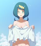  1girl blush breasts bright_pupils cleavage clothes_lift collarbone commentary_request day dress dress_lift ero_kaeru female_pubic_hair freckles green_eyes green_hair hairband lana&#039;s_mother_(pokemon) lifted_by_self long_hair looking_down mature_female no_sclera open_mouth outdoors pokemon pokemon_(anime) pokemon_sm_(anime) pubic_hair sky smile solo white_dress white_pupils yellow_hairband 