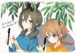  2girls ahoge artist_name assault_lily bamboo black_bow blue_eyes blue_kimono blurry blurry_foreground border bow braid braided_ponytail breasts brown_hair closed_mouth commentary futagawa_fumi green_hair grey_background hair_between_eyes hair_bow hand_up hands_up happy_birthday highres holding holding_pen holding_tanzaku hotaru_(ultraroly_poly) japanese_clothes kimono light_blush long_hair long_sleeves looking_at_another looking_at_object looking_down looking_to_the_side low_ponytail low_twintails medium_breasts multiple_girls obi orange_kimono pen purple_eyes rounded_corners sash sideways_glance single_braid solo star_(symbol) sweatdrop tanabata tanzaku twintails two-tone_background upper_body v-shaped_eyebrows white_background white_border wide_sleeves writing yamanashi_hibari yukata 