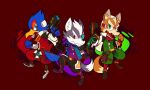  blue_body blue_clothing blue_feathers blue_topwear blue_vest brown_body brown_fur clothing falco_lombardi feathers fox_mccloud fur green_clothing grey_body grey_fur ionicisaac laser_gun nintendo purple_clothing purple_shirt purple_topwear ranged_weapon red_background red_clothing shirt simple_background star_fox topwear vest visor weapon white_clothing white_topwear white_vest wolf_o&#039;donnell 