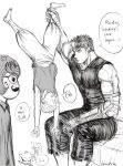  2girls 3boys aki_(akistrike) anger_vein angry bandaged_arm bandaged_hand bandages berserk black_tank_top commentary dangling drawing drawing_on_another&#039;s_face english_commentary english_text evarella_(berserk) guts_(berserk) holding holding_another&#039;s_foot holding_paintbrush isidro_(berserk) looking_at_another multiple_boys multiple_girls paintbrush prosthesis prosthetic_arm puck_(berserk) schierke_(berserk) speech_bubble spiked_hair tank_top upside-down 