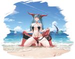  1girl azur_lane beach black_collar black_one-piece_swimsuit breasts collar covering covering_crotch dragon_girl dragon_horns dragon_tail eyewear_on_head flag full_body green_hair halterneck highres holding holding_flag horns kneeling mechanical_tail medium_breasts navel non-humanoid_robot non-web_source ocean official_alternate_costume official_art one-piece_swimsuit regensburg_(azur_lane) regensburg_(dark_dragon_brilliant_beach)_(azur_lane) robot ship sky solo stomach sunglasses swimsuit tail twintails watercraft yd_(orange_maru) yellow_eyes zoom_layer 