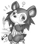  1girl ? animal_crossing animal_ears animal_feet animal_nose apron artist_name bare_shoulders barefoot blush body_fur commentary_request freckles full_body furry furry_female greyscale half-closed_eyes hand_to_own_mouth hand_up long_hair looking_to_the_side monochrome naked_apron no_mouth on_stool partial_commentary plaid plaid_apron sable_able_(animal_crossing) sewing_machine signature simple_background sitting solo spiked_hair stool table tail tamanosuke translation_request two-tone_fur white_background 