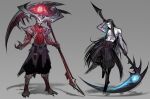  2boys abs black_footwear black_hair black_pants blue_hair commentary demon full_body grey_background highres holding holding_scythe kayn_(league_of_legends) league_of_legends long_hair looking_at_viewer male_focus multicolored_hair multiple_boys muscular muscular_male pants rhaast scythe shadow simple_background sketch smile standing streaked_hair topless_male zyrophin 