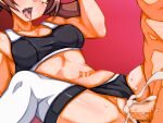  1boy 1girl black_panties black_sports_bra breasts brown_hair censored clothed_female_nude_male clothing_aside commentary_request covered_nipples cum cum_in_pussy cum_overflow emphasis_lines hetero long_hair lyra_(pokemon) mimizunooka mosaic_censoring navel nude open_mouth panties panties_aside penis pokemon pokemon_(game) pokemon_hgss pussy saliva sex shiny_skin sports_bra spread_legs thighhighs tongue tongue_out underwear vaginal white_thighhighs 