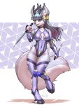  2023 absurd_res anthro armwear blue_hair breasts canid canine cleavage_cutout clothing cloven_hooves deer dual_wielding ear_bow eyebrow_through_hair eyebrows eyelashes female fluffy fluffy_tail fur green_eyes hair hi_res hip_tuft holding_object holding_weapon hooves hybrid inner_ear_fluff legwear leotard long_hair mammal melee_weapon mykegreywolf ninja shoulder_tuft solo tail taimanin_(series) thigh_gap translucent translucent_hair tuft warrior weapon white_body white_fur 