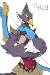  anthro avian beak blue_body blue_feathers bow_(weapon) breath_of_the_wild english_text feathers green_eyes hi_res hi_ulsa5zuk male nintendo ranged_weapon revali rito scarf solo text the_legend_of_zelda weapon wings yellow_beak 