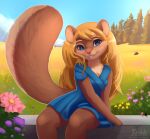  anthro blonde_hair blue_eyes bottomwear breasts brown_body clothed clothing female hair isyld looking_at_viewer mammal rodent sciurid sitting skirt solo tree_squirrel 