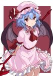  1girl ascot bat_wings blue_hair breasts dress hat highres holding holding_polearm holding_weapon light_blush looking_at_viewer mob_cap petticoat pink_dress pink_eyes polearm red_ascot red_background remilia_scarlet short_hair small_breasts smile solo spear spear_the_gungnir suberaku touhou weapon wings 