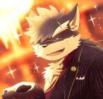  anthro canid canine canis domestic_dog eyebrows fur grey_body grey_fur hair lidded_eyes lifewonders male mammal pawpads pinstripe_clothing pinstripe_suit ponytail ren_izayoi scar shino_(housamo) solo thick_eyebrows tokyo_afterschool_summoners 