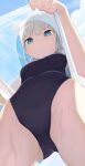  1girl animal_ears blue_archive blue_eyes breasts closed_mouth halo highres hiroki_(yyqw7151) lifted_by_self looking_down official_alternate_costume one-piece_swimsuit shift_lift shiroko_(blue_archive) shiroko_(swimsuit)_(blue_archive) small_breasts solo swimsuit thighs upshirt wet white_hair 