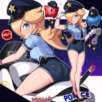  1girl absurdres alternate_costume arm_up artist_name ass belt_pouch black_necktie blonde_hair blue_eyes blue_shirt breasts collared_shirt cuffs earrings gloves hair_over_one_eye hand_on_headwear handcuffs hat highres holding holding_handcuffs jewelry lips long_hair luma_(mario) mario_(series) medium_breasts motor_vehicle motorcycle multiple_views necktie parted_lips peaked_cap police police_badge police_hat police_uniform pouch rosalina sarukaiwolf shirt short_shorts shorts star_(symbol) star_earrings starry_background super_mario_galaxy taut_clothes thighs uniform white_gloves 