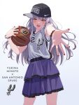  1girl ball bang_dream! basketball basketball_(object) basketball_hoop basketball_uniform grey_hair highres holding kawhi_leonard long_hair looking_at_viewer minato_yukina multiple_girls national_basketball_association new_balance open_mouth san_antonio_spurs skirt sportswear yazawa_happyaro yellow_eyes 