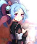  1girl arms_behind_back back_bow blue_hair blurry blurry_background bow cleavage_cutout closed_mouth clothing_cutout dungeon_and_fighter from_side grass hair_bow hwaryeok long_hair looking_at_viewer niu_(dungeon_and_fighter) outdoors ponytail purple_eyes smile solo 