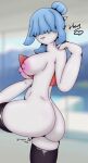  2023 3_fingers absurd_res big_breasts blue_hair breasts butt female fingers gardevoir generation_3_pokemon hair hair_over_eyes hi_res humanoid looking_back nintendo nipples nobori not_furry nude pokemon pokemon_(species) rear_view shiny_pokemon signature smile solo thigh_highs_only top_bun 