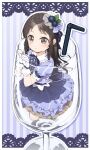  1girl absurdres bendy_straw black_hair blue_bow blue_shirt blue_skirt bow brown_eyes closed_mouth collared_shirt cup dress_shirt drinking_glass drinking_straw frilled_skirt frills full_body gloves hands_up highres idolmaster idolmaster_cinderella_girls in_container in_cup long_hair mini_person minigirl outline parted_bangs partially_submerged seiza shirt sitting skirt solo striped striped_background striped_bow striped_shirt striped_skirt tachibana_arisu vertical-striped_shirt vertical-striped_skirt vertical_stripes very_long_hair white_gloves white_outline wine_glass yukie_(kusaka_shi) 