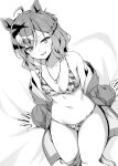  1girl absurdres ahoge animal_ears bikini braid breasts greyscale highres horse_ears horse_girl jacket jewelry jungle_pocket_(umamusume) looking_at_viewer medium_breasts monochrome navel necklace open_clothes open_jacket ryochapu sitting solo swimsuit thighs umamusume 