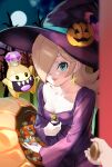  1girl blonde_hair blue_eyes brooch candy collarbone door dress earrings eyelashes food full_moon hair_over_one_eye halloween halloween_bucket hat highres holding holding_candy holding_food jewelry kurere1202 long_sleeves luma_(mario) mario_(series) mario_kart mario_kart_tour moon night open_mouth pov purple_dress purple_headwear rosalina rosalina_(halloween) star_(symbol) star_brooch star_earrings upper_body witch witch_hat 