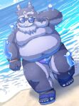  3_eyes anthro beack belly bracelet bulge clothing debudave_12 eyewear footwear fur grey_body grey_fur grin hi_res jewelry lifewonders male moobs multi_eye navel nipples overweight sandals sea smile solo speedo sunglasses swimwear thong tokyo_afterschool_summoners tsathoggua tusks underwear water wet 