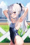  1girl armpits black_bow blue_archive blue_eyes blue_halo blue_one-piece_swimsuit blurry blurry_background blush bow breasts commentary_request day dongchuan frilled_one-piece_swimsuit frills grey_hair hair_between_eyes hair_bow halo hands_in_hair highleg highleg_swimsuit highres lens_flare long_hair looking_at_viewer miyako_(blue_archive) miyako_(swimsuit)_(blue_archive) official_alternate_costume one-piece_swimsuit outdoors parted_lips ponytail sidelocks small_breasts smile solo swimsuit water_drop wet wet_clothes wet_swimsuit 