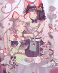  2girls :o bandaid bandaid_on_arm bare_shoulders black_skirt blurry blurry_background chair confetti cup danganronpa_(series) danganronpa_2:_goodbye_despair dress flipped_hair food food-themed_hair_ornament frills galaga green_dress grey_hairband hair_ornament hairband hand_up heart highres hinata_hajime holding holding_food kkochmeli komaeda_nagito long_hair medium_hair miniskirt multiple_girls nanami_chiaki pink_eyes sitting skirt spoon strawberry_hair_ornament striped striped_dress table 