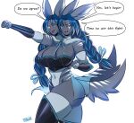  2_heads 3_breasts 5_fingers anthro blue_hair braided_hair breasts cleavage clothed clothing dialogue female fingers hair hi_res legwear luvon multi_breast multi_head simple_background thigh_highs white_background 