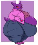  &lt;3 2023 aliasing anthro big_breasts bottomwear breasts clothed clothing denim denim_bottomwear denim_clothing eyebrows eyelashes female footwear full-length_portrait fully_clothed generation_1_pokemon ghost grey_bottomwear grey_clothing grey_pants hand_on_hip haunter huge_belly huge_thighs jacket jeans looking_at_viewer morbidly_obese morbidly_obese_anthro morbidly_obese_female nintendo obese obese_anthro obese_female overweight overweight_anthro overweight_female pants pink_clothing pink_footwear pink_jacket pink_sclera pink_shirt pink_shoes pink_topwear pockets pokemon pokemon_(species) portrait purple_body shirt shoes short_tail side_view spirit standing tail thatoneaceguy thick_thighs tongue tongue_out topwear yellow_eyes 