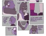  2023 anthro bear black_nose blush bottomwear brown_body clothing comic dialogue duo embrace eyewear glasses hand_holding hi_res hug mammal padre_(unicorn_wars) pants purple_body sargento_caricias shirt spanish_text text topwear unicorn_wars zadscat 