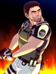  1boy bara beard_stubble belt brown_hair chris_redfield feet_out_of_frame fire fire_light frown green_shirt gun highres holding holding_gun holding_weapon large_pectorals leg_belt looking_to_the_side male_focus mature_male multiple_belts muscular muscular_male mustache_stubble pants pectorals resident_evil shirt short_hair sideburns solo thick_eyebrows tight_clothes tight_shirt tsurime v_arms weapon white_pants yowaifish 