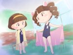  2girls blue_one-piece_swimsuit bob_cut brown_eyes brown_hair chibi_maruko-chan drill drill_hair hairband jougasaki_himeko multiple_girls one-piece_swimsuit pink_ribbon ribbon sasayama_kazuko school_swimsuit swimsuit twin_drills yamanokonza 