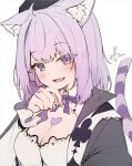  1girl :d ahoge animal_ear_fluff animal_ears blush bow bowtie breasts cat_ears cat_tail cleavage hat heart hololive jacket kito_koruta looking_at_viewer medium_breasts medium_hair nekomata_okayu nekomata_okayu_(6th_costume) open_clothes open_jacket purple_bow purple_bowtie purple_eyes purple_hair shirt smile solo tail white_shirt 