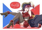  1girl :q ascot belt blush breasts brown_belt covered_navel epaulettes full_body gloves hat heterochromia high_heels highres hololive houshou_marine large_breasts long_hair miniskirt off_shoulder pirate_hat plume red_ascot red_eyes red_hair red_skirt red_vest sitting skirt solo speech_bubble tongue tongue_out tsuji643163271 twintails vest virtual_youtuber white_gloves yellow_eyes zettai_ryouiki 